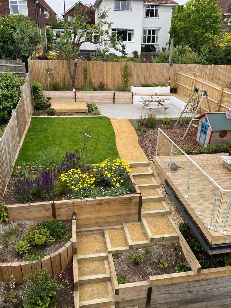 Residential backyard garden with wooden raised beds, lawn, patio deck, and wooden fence surrounding the space